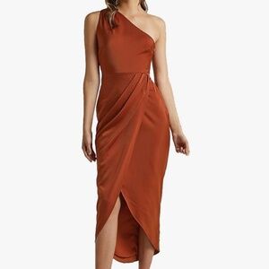 One Shoulder Ruched Burnt Orange/Red Midi Dress